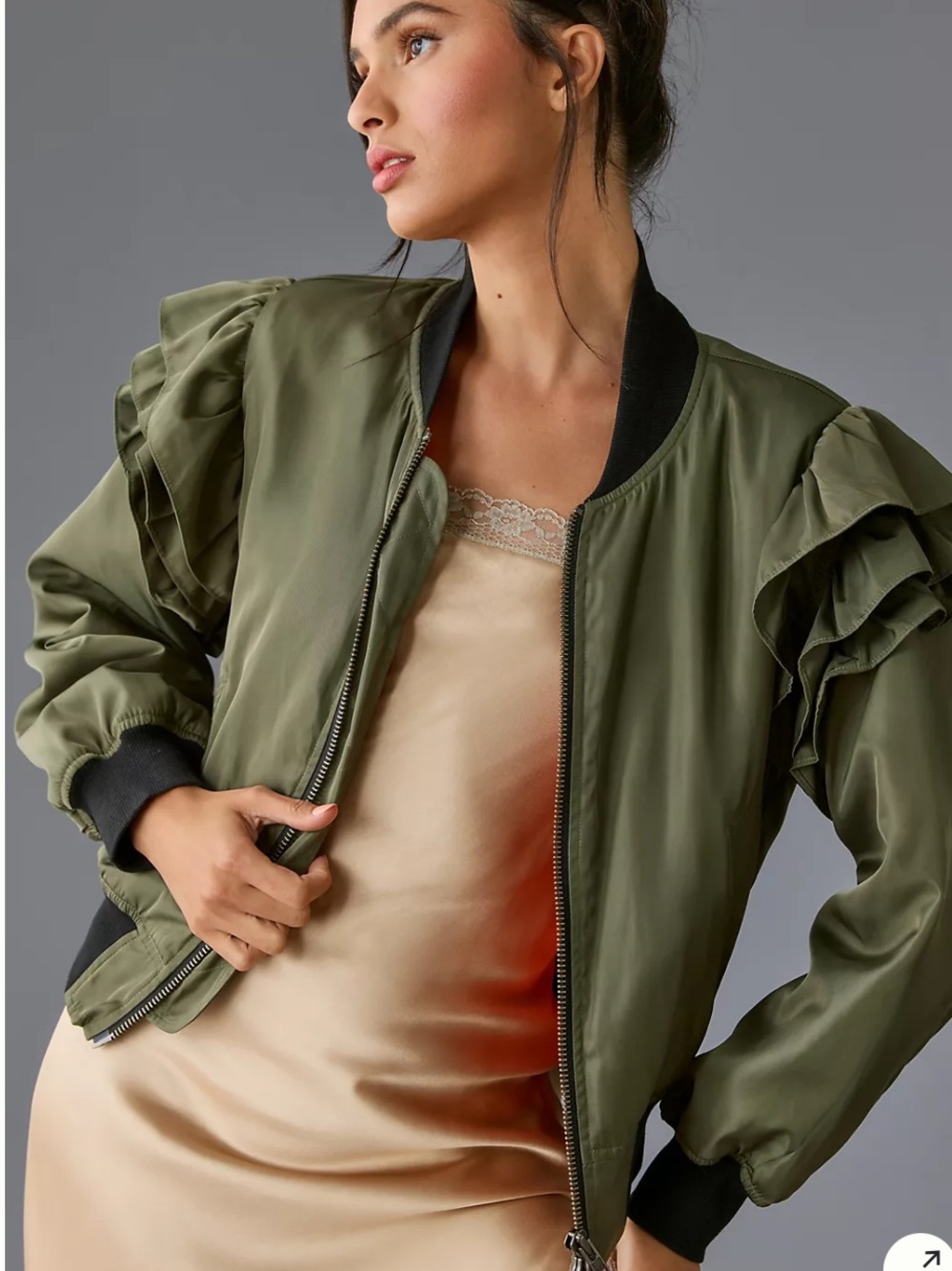 MABLE Anthropology Olive Bomber Jacket with Black Trim and Orange Lining Jacket